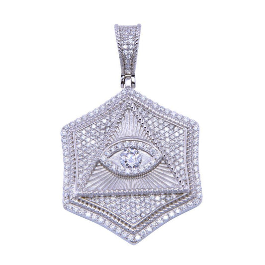 Rhodium Plated 925 Sterling Silver CZ Triangle Eye All Seeing Dollar Pendant