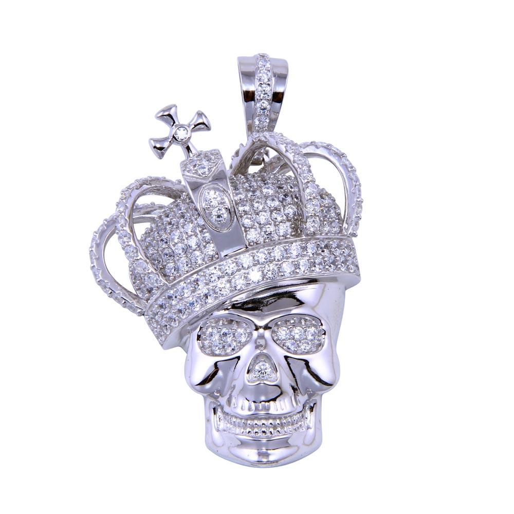 Rhodium Plated 925 Sterling Silver CZ Skull King Crown Biker Death Cross Pendant