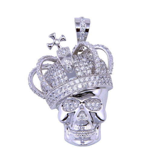 Rhodium Plated 925 Sterling Silver CZ Skull King Crown Biker Death Cross Pendant
