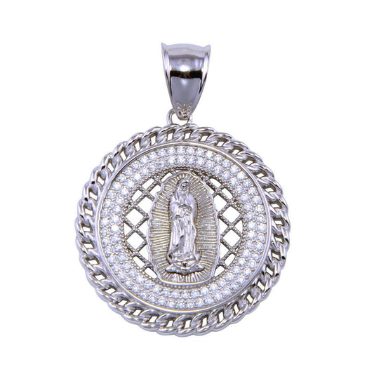Rhodium Plated 925 Sterling Silver CZ Disc Lady of Guadalupe Catholic Pendant