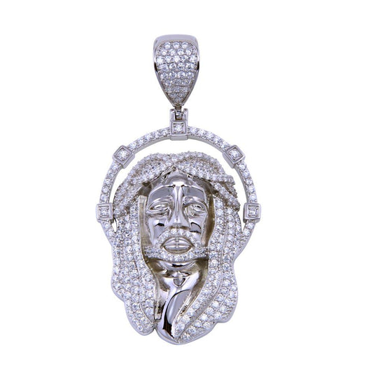 Rhodium Plated 925 Sterling Silver CZ Jesus Christ Christian Cross Crown Pendant