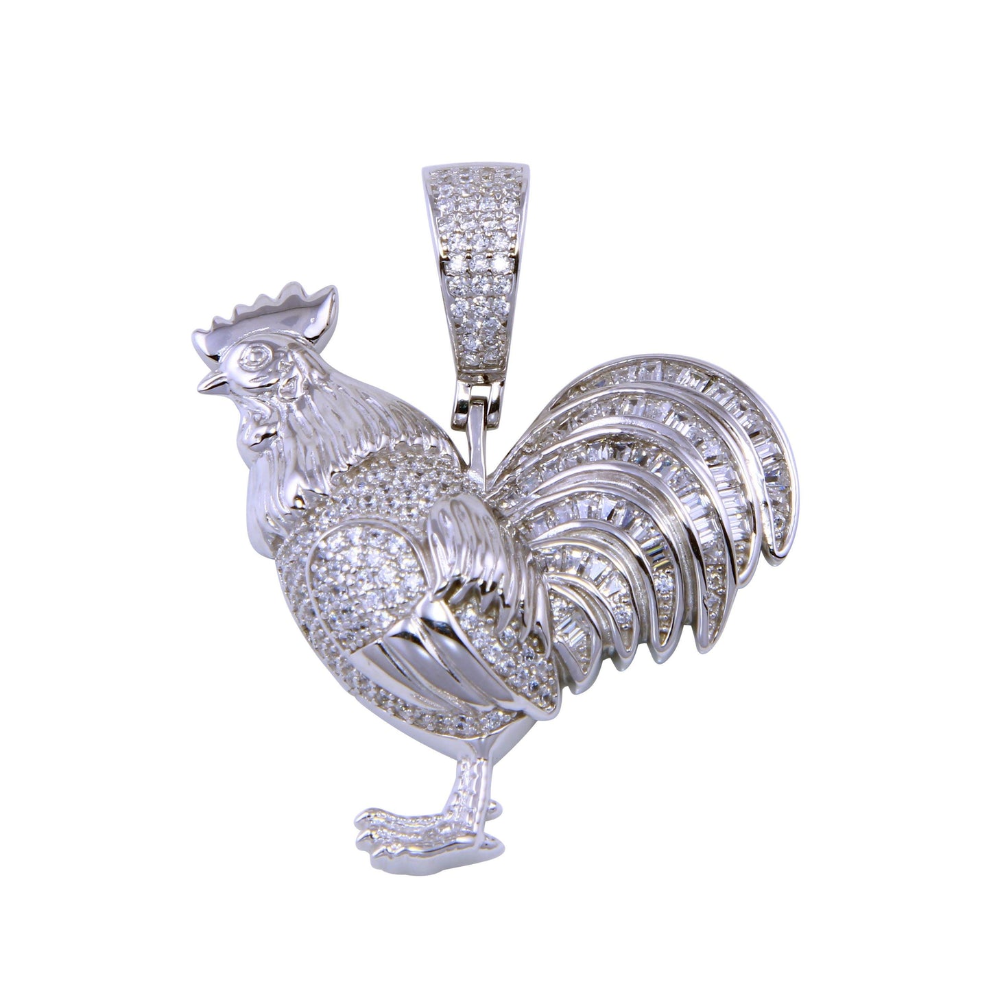 Rhodium Plated 925 Sterling Silver CZ Rooster Animal Bird Chicken Farm Pendant