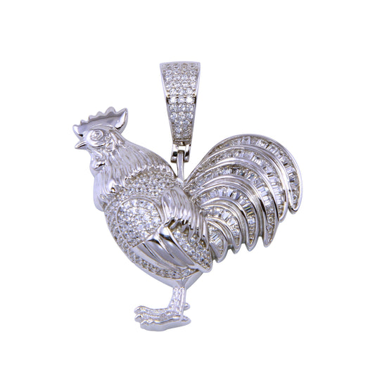 Rhodium Plated 925 Sterling Silver CZ Rooster Animal Bird Chicken Farm Pendant
