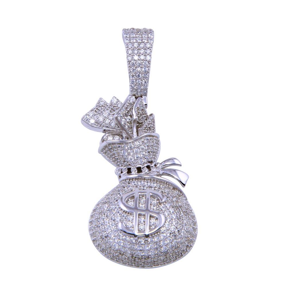 Rhodium Plated 925 Sterling Silver CZ Money Bag Cash $ Bank Gangster Pendant