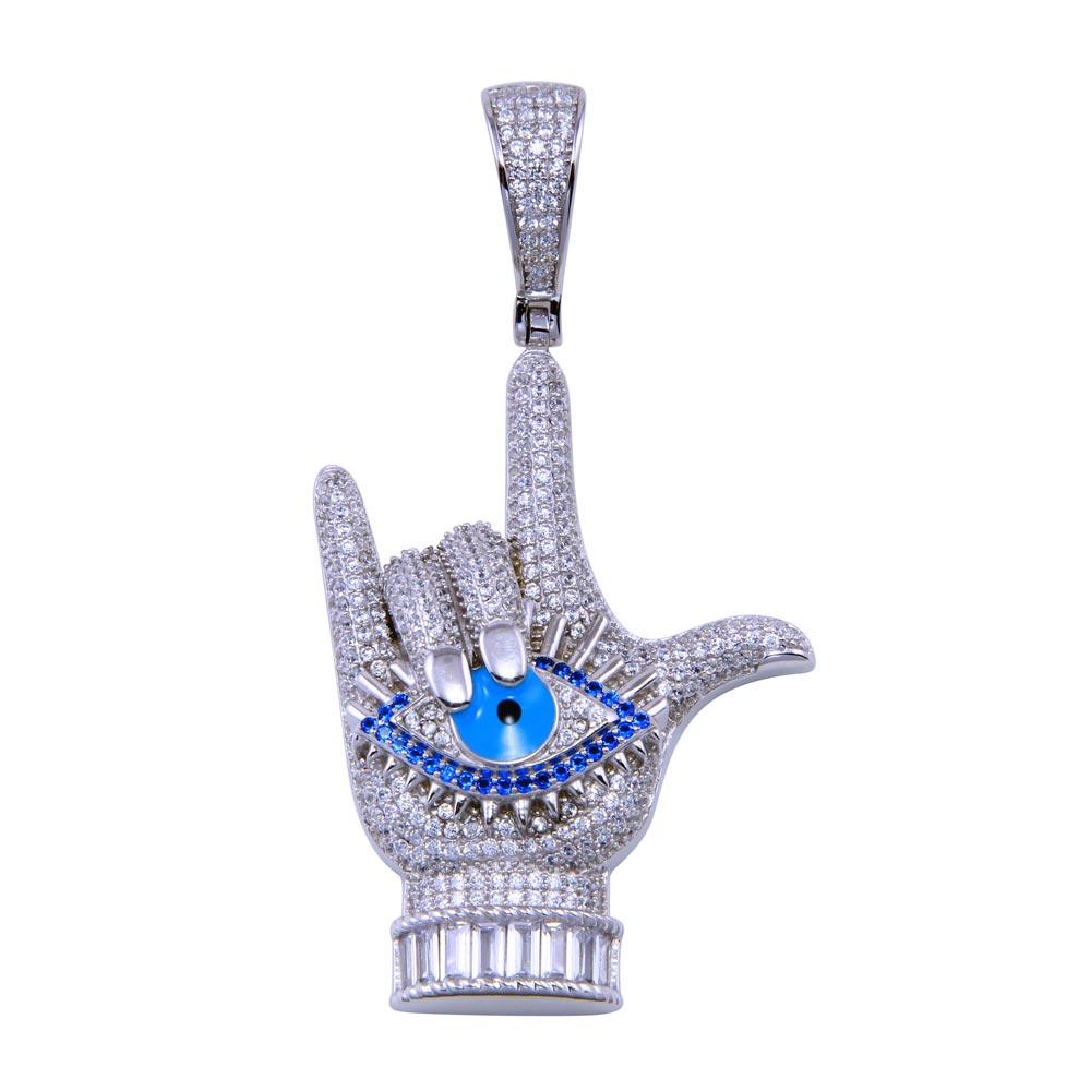Rhodium Plated 925 Sterling Silver CZ Rock On Hand Body Evil Eye Enamel Pendant