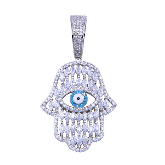 Rhodium Plated 925 Sterling Silver CZ Enamel Hamsa Hand Evil Eye Pendant