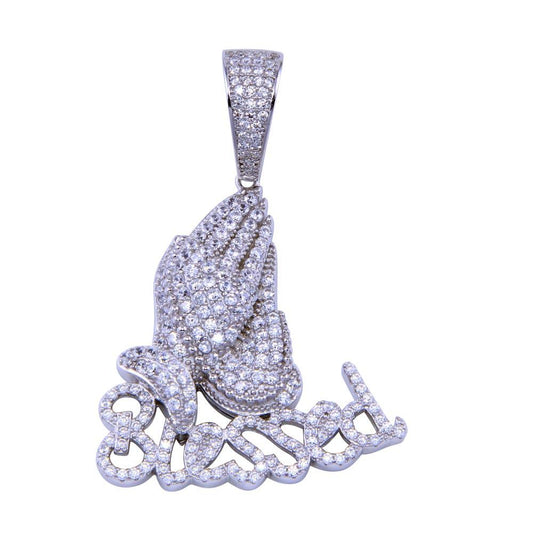 Rhodium Plated 925 Sterling Silver CZ Blessed Prayer Hand Rosary Praying Pendant