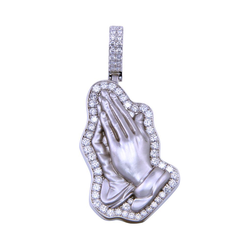 Rhodium Plated 925 Sterling Silver CZ Prayer Hand Christian Catholic Pendant
