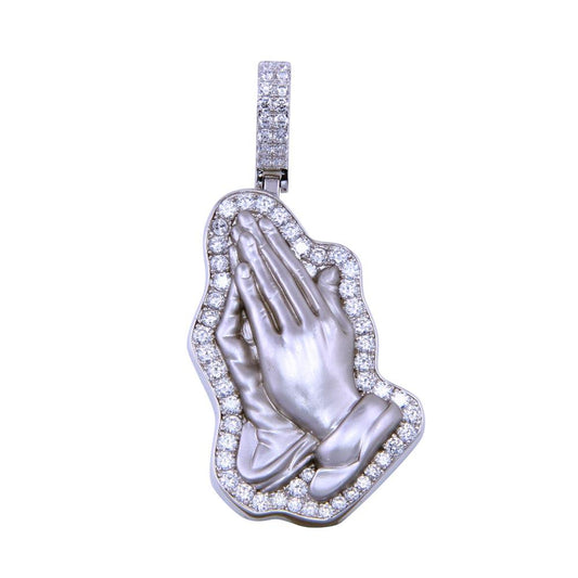 Rhodium Plated 925 Sterling Silver CZ Prayer Hand Christian Catholic Pendant