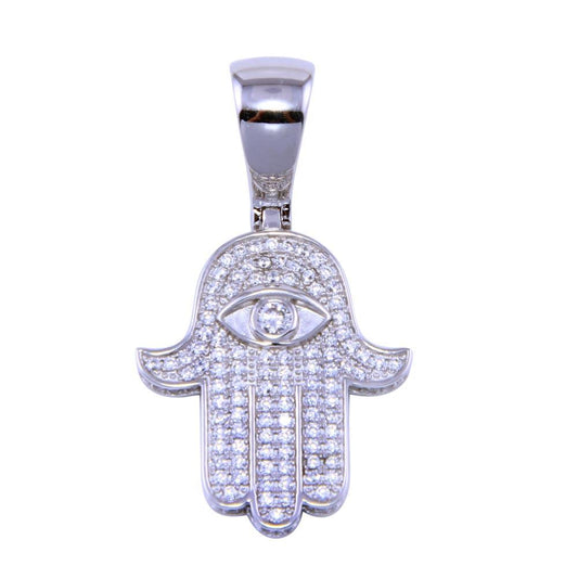 Rhodium Plated 925 Sterling Silver CZ Small Hamsa Evil Eye Hand Peace Pendant