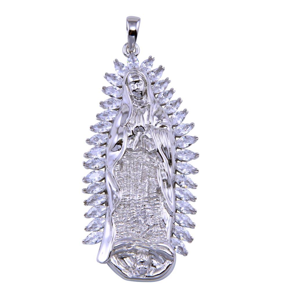 Rhodium Plated 925 Sterling Silver CZ Lady of Guadalupe Catholic Love Pendant