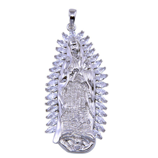 Rhodium Plated 925 Sterling Silver CZ Lady of Guadalupe Catholic Love Pendant