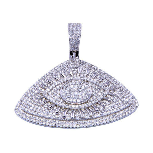 Rhodium Plated 925 Sterling Silver CZ Encrusted Eye All Seeing Clear CZ Pendant