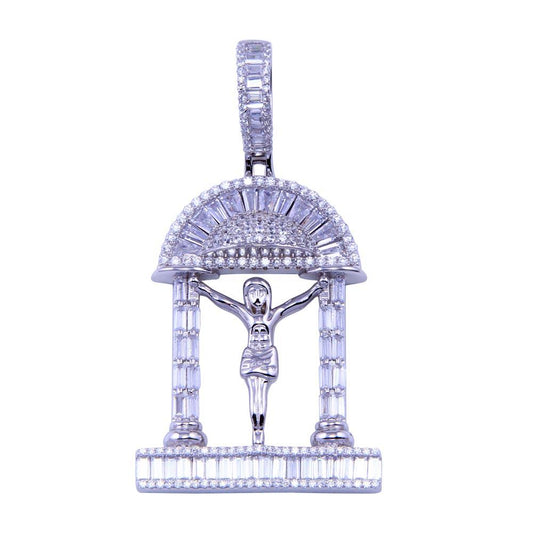 Rhodium Plated 925 Sterling Silver CZ Crucifix Samson Temple Bible Pendant