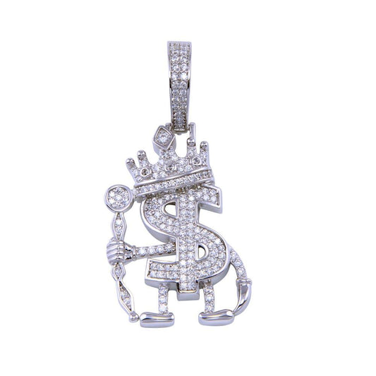 Rhodium Plated 925 Sterling Silver CZ Dollar Crown Staff Money $ King Pendant