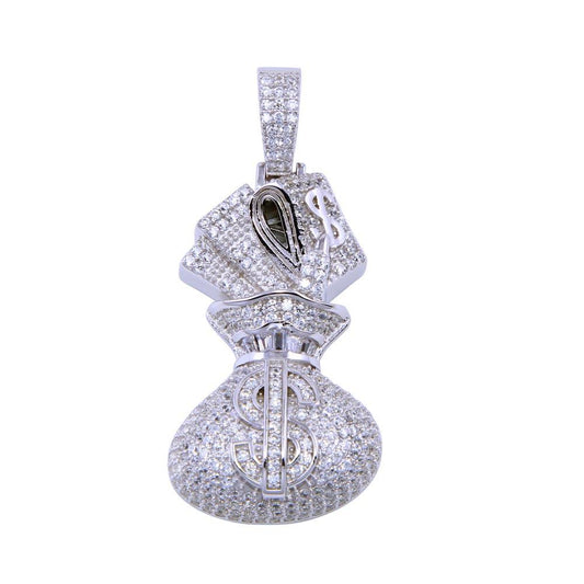 Rhodium Plated 925 Sterling Silver CZ Bag of Cash $ Money Bills Sack Pendant