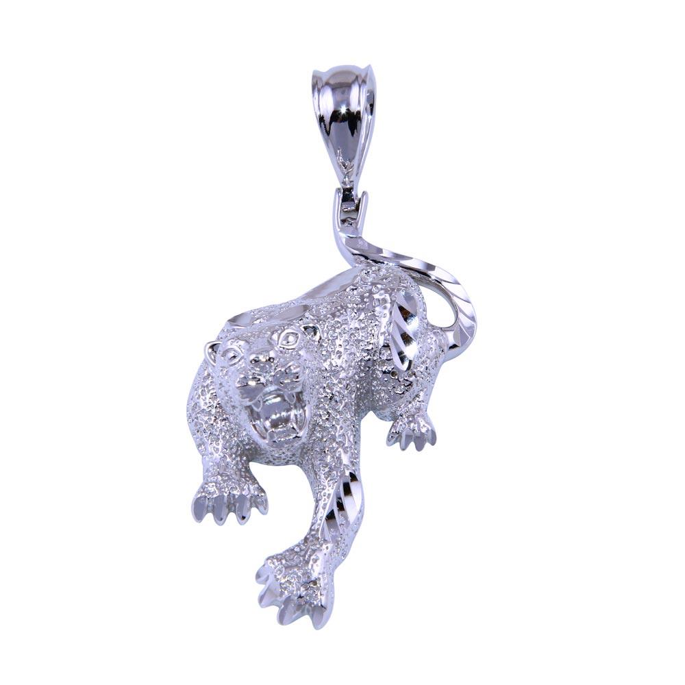 Rhodium Plated 925 Sterling Silver Cheetah Animal Panther Large Cat Pendant