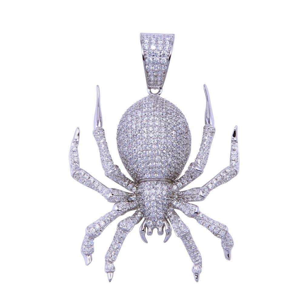 Rhodium Plated 925 Sterling Silver CZ Spider Animal Spooky Halloween Pendant