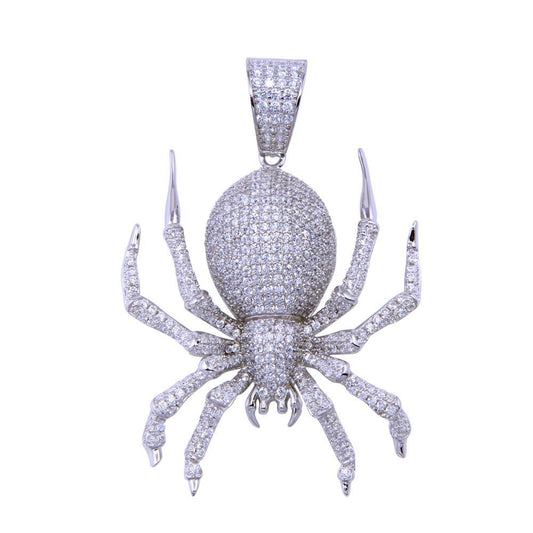 Rhodium Plated 925 Sterling Silver CZ Spider Animal Spooky Halloween Pendant