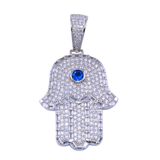 Rhodium Plated 925 Sterling Silver Blue CZ Center Hamsa Hand Pendant