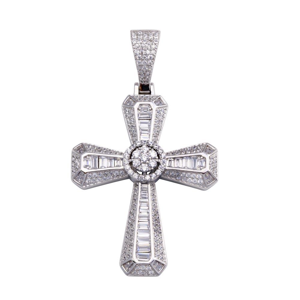 Rhodium Plated 925 Sterling Silver CZ Cross Disc Center Hip Hop Halo Pendant