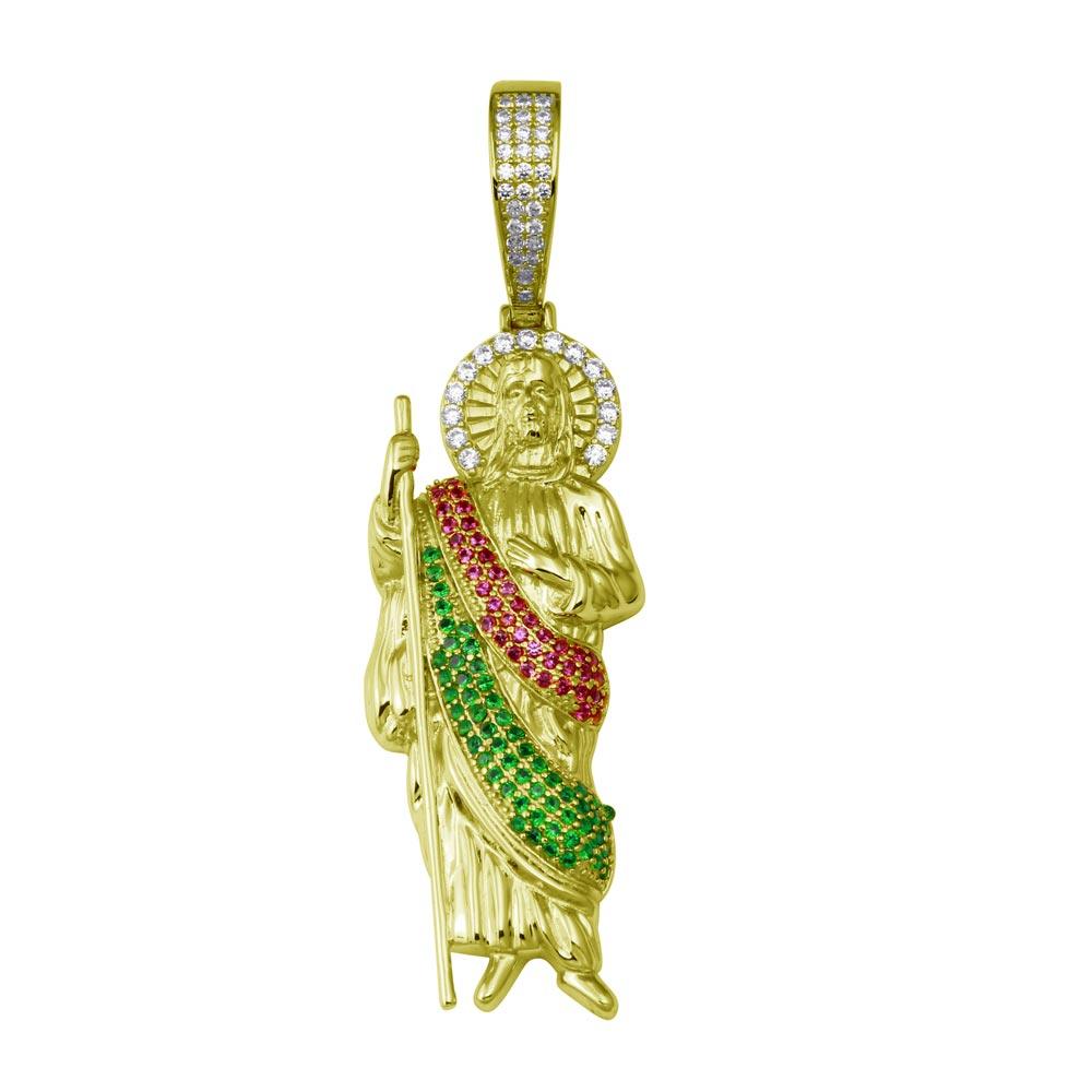 Gold Plated 925 Sterling Silver Multi Color CZ St Jude Hip Hop Catholic Pendant