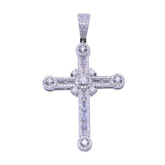 Rhodium Plated 925 Sterling Silver CZ Baguette Cross Knot Christian Pendant