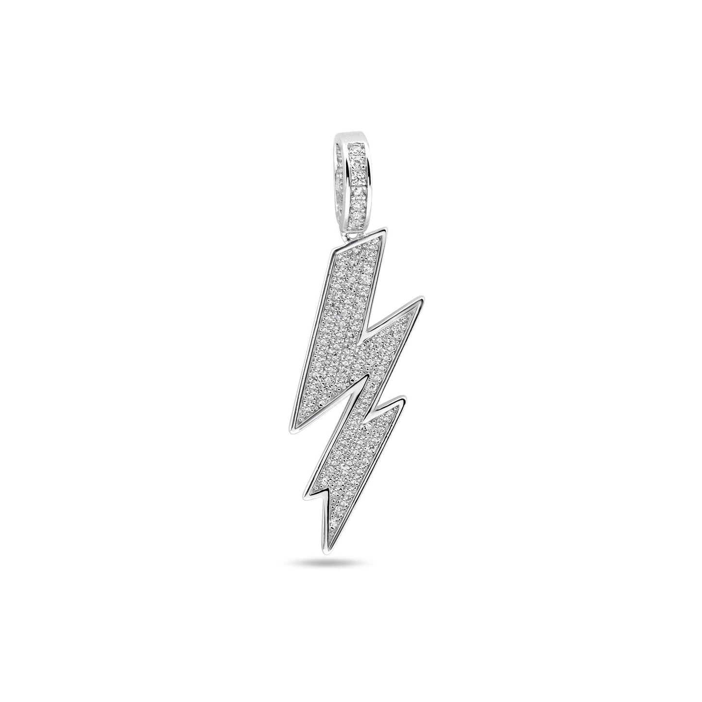 Rhodium Plated 925 Sterling Silver Lightning Bolt Nature Storm Clear CZ Pendant