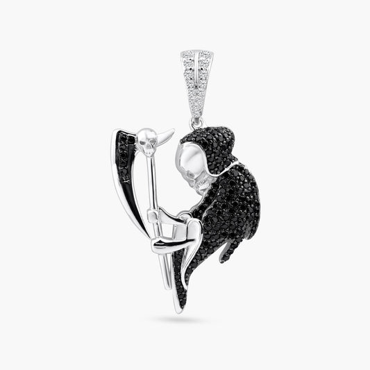 Rhodium Plated 925 Sterling Silver Grim Reaper CZ Death Skull Character Pendant