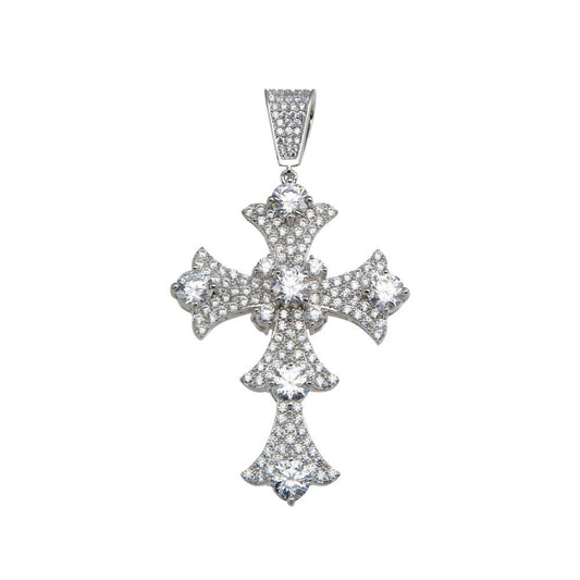 Rhodium Plated 925 Sterling Silver CZ Cross Hip Hop Christian Catholic Pendant