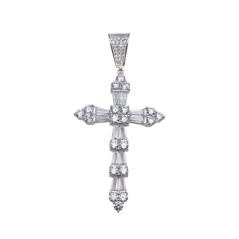 Rhodium Plated 925 Sterling Silver CZ Cross Hip Hop Christian Jesus Pendant