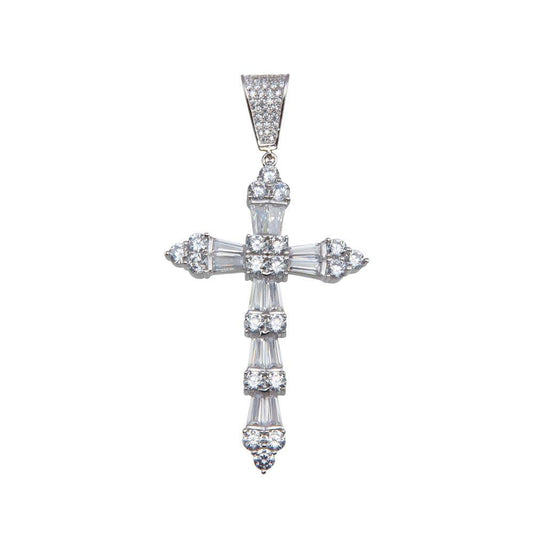 Rhodium Plated 925 Sterling Silver CZ Cross Hip Hop Christian Jesus Pendant