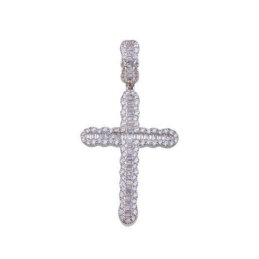 Rhodium Plated 925 Sterling Silver CZ Cross Hip Hop Christian Jesus Pendant