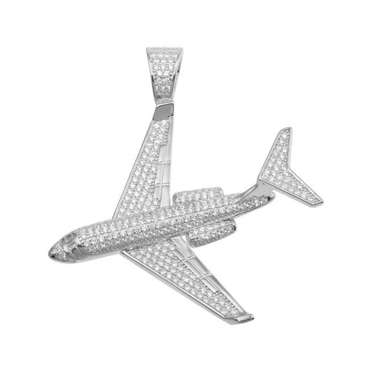 Rhodium Plated 925 Sterling Silver CZ Air Bus Hip Hop Plane Aircraft Pendant