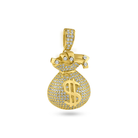 Gold Plated 925 Sterling Silver CZ Money Bag Hip Hop Cash $ Sack Dollars Pendant