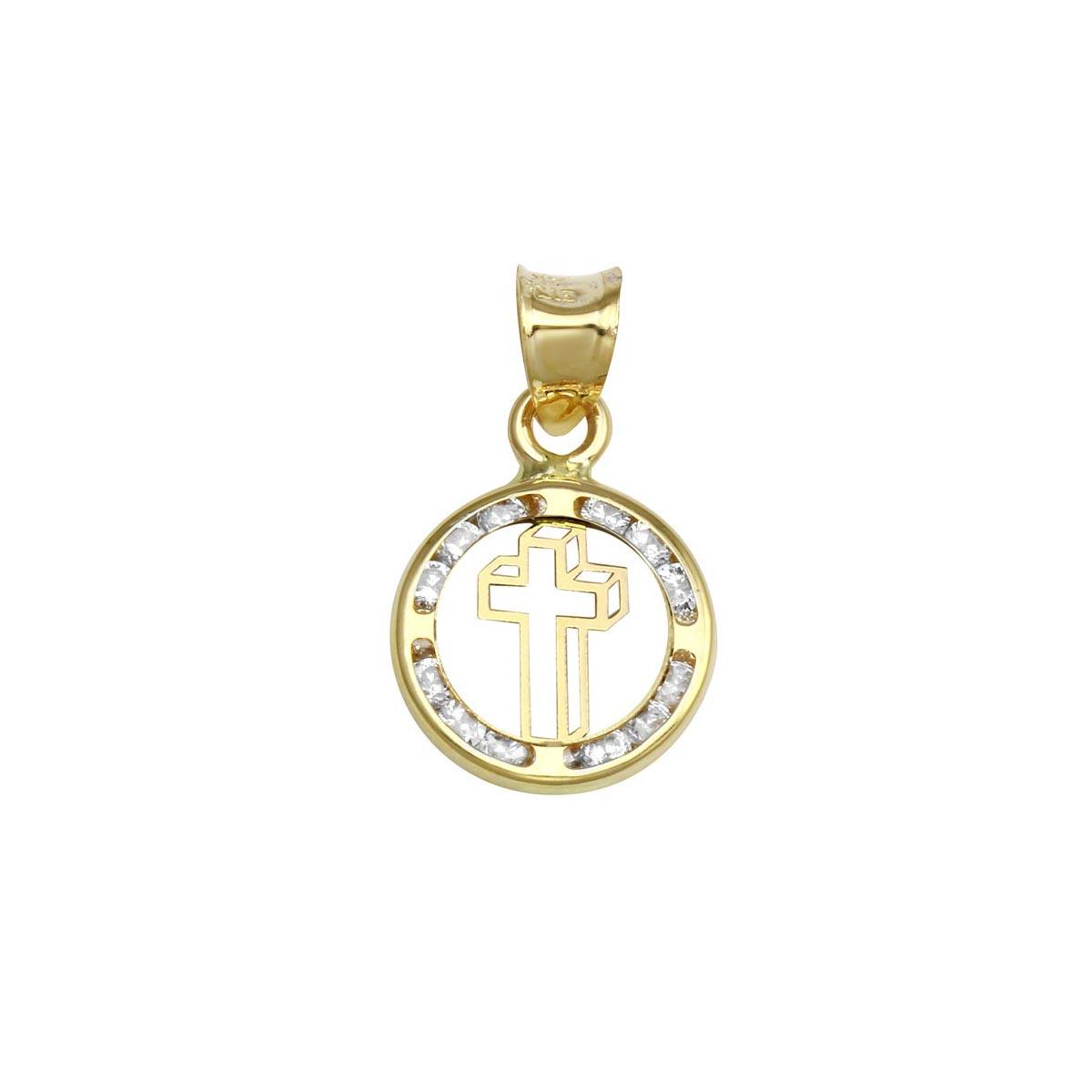 14k Yellow Gold Disc Open Cross Halo Clear CZ Christian Pendant