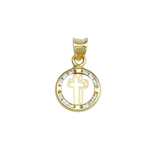 14k Yellow Gold Disc Open Cross Halo Clear CZ Christian Pendant