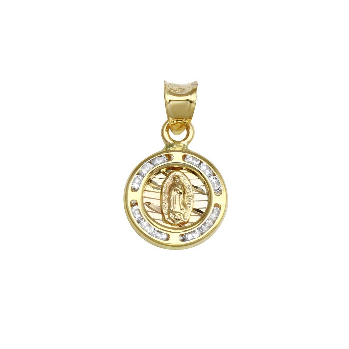 14k Yellow Gold CZ Disc Guadalupe Medallion Saint Catholic Christian Pendant