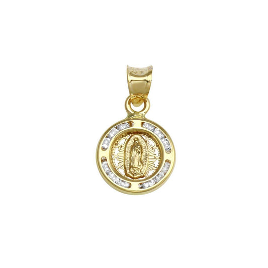 14 Karat Yellow Gold CZ Disc Guadalupe Saint Medallion Faith Catholic Pendant
