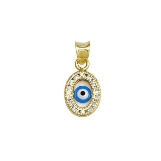 14 Karat Yellow Gold Clear CZ Oval Disc Evil Eye Enamel Halo Charm Pendant