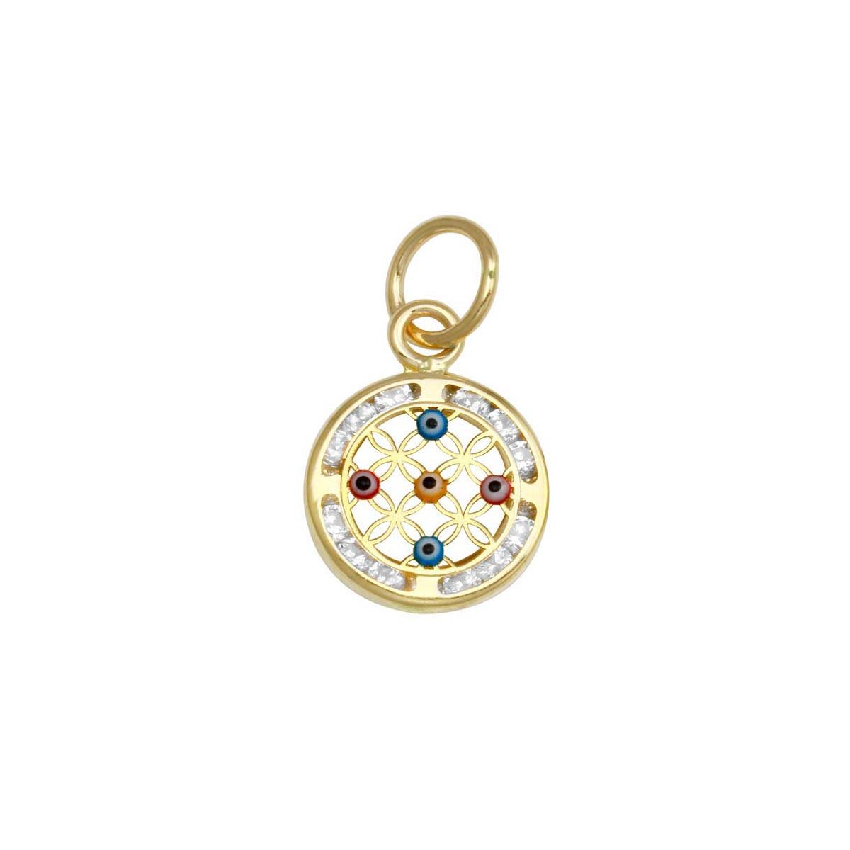 14 Karat Yellow Gold CZ Disc Good Luck 5 Evil Eyes Charm Small Medallion Pendant