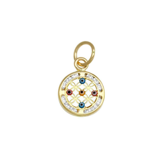 14 Karat Yellow Gold CZ Disc Good Luck 5 Evil Eyes Charm Small Medallion Pendant