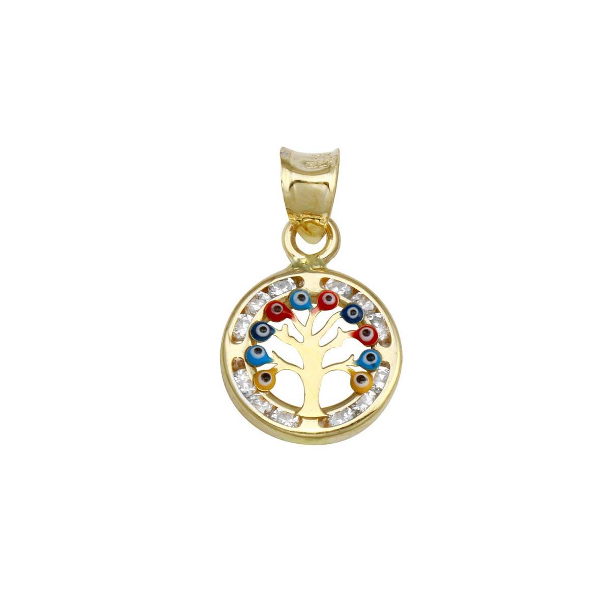 14 Karat Yellow Gold CZ Disc Evil Eyes Tree of Life Charm Small Pendant