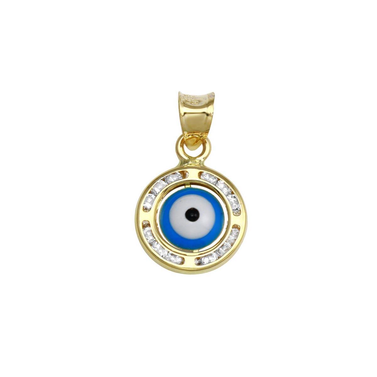 14 Karat Yellow Gold CZ Disc Evil Eyes Halo Charm Small Pendant
