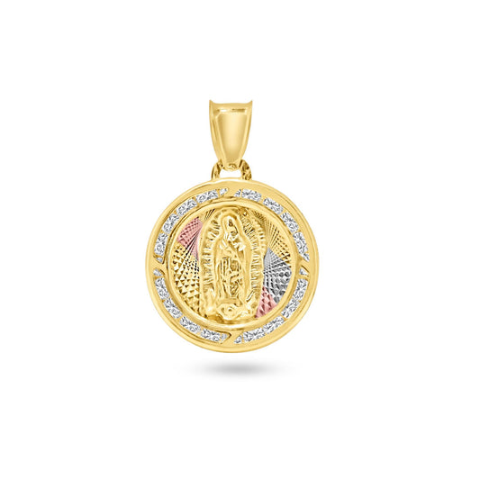 14k Yellow Gold 3 Tone Diamond Cut White CZ Guadalupe Catholic Saint Pendant