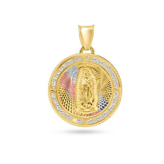 14k Yellow Gold 3 Tone Diamond Cut White CZ Guadalupe Faith Saint Church Pendant