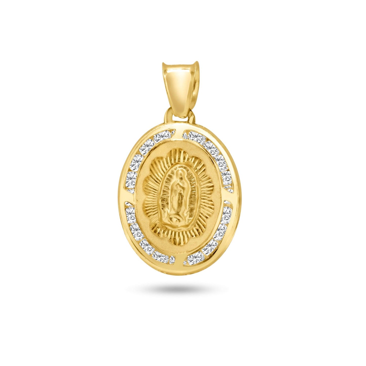 14k Yellow Gold Oval Diamond Cut White CZ Halo Saint Guadalupe Catholic Pendant
