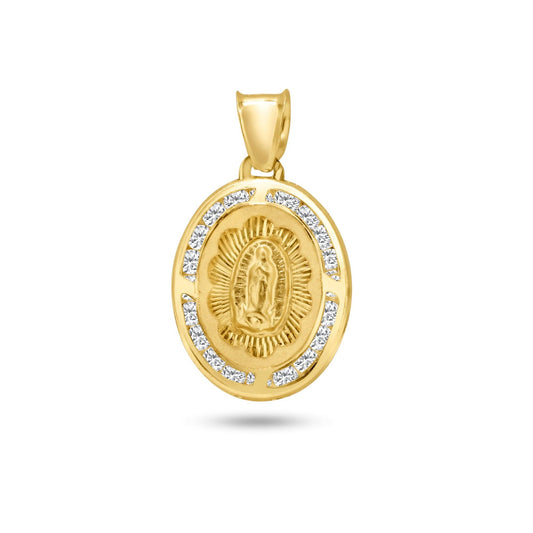 14k Yellow Gold Oval Diamond Cut White CZ Halo Saint Guadalupe Catholic Pendant