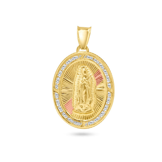 14k Yellow Gold Oval Diamond Cut White CZ Guadalupe Halo Catholic Saint Pendant