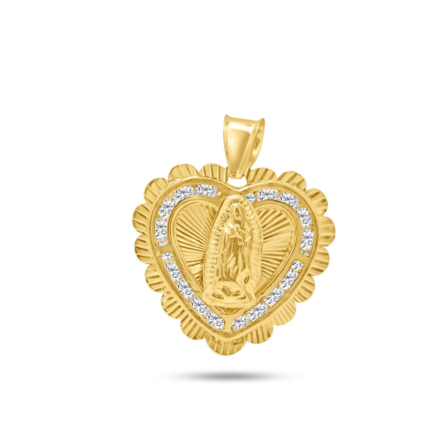 14 Karat Yellow Gold 3 Tone Heart Diamond Cut CZ Guadalupe Promise Pendant